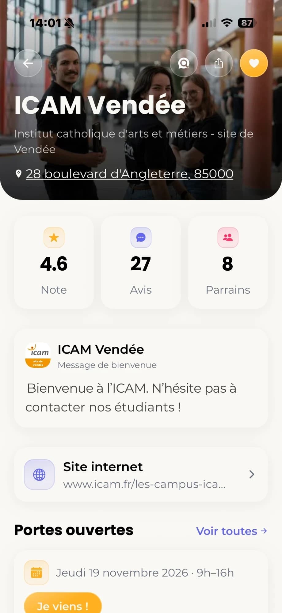 Page de l'ICAM Vendée dans l'application : note, avis, parrains, message de bienvenue et portes ouvertes.